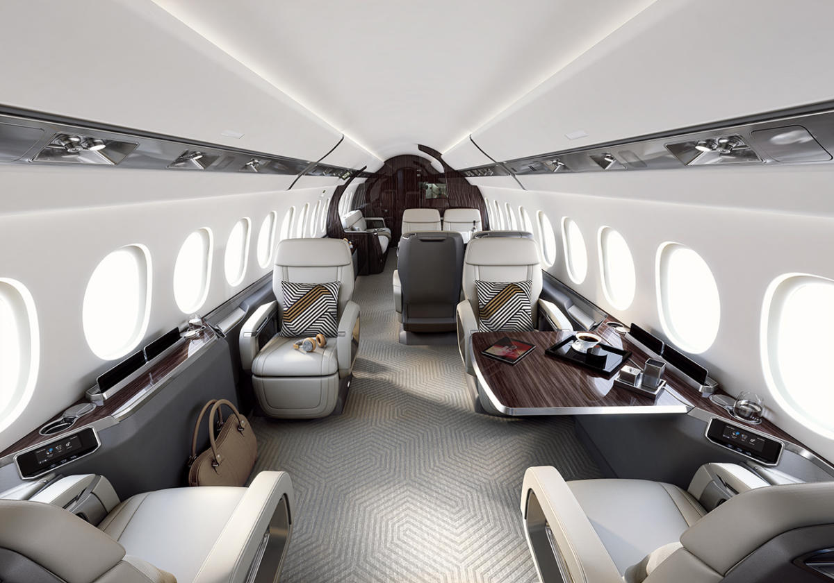 Dassault Falcon 6X cabin interior for Boca Raton charter